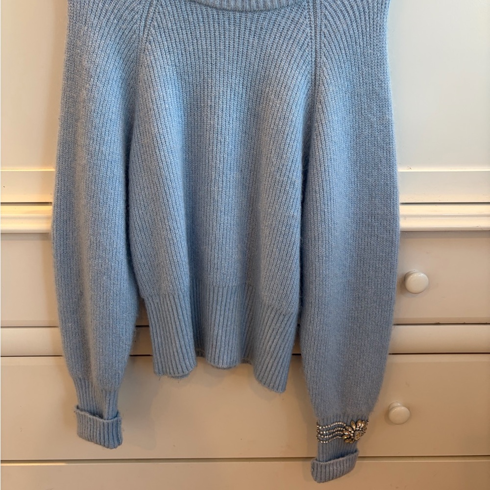 Sandro Light Blue Turtleneck Sweater with Embellished Cuffs
